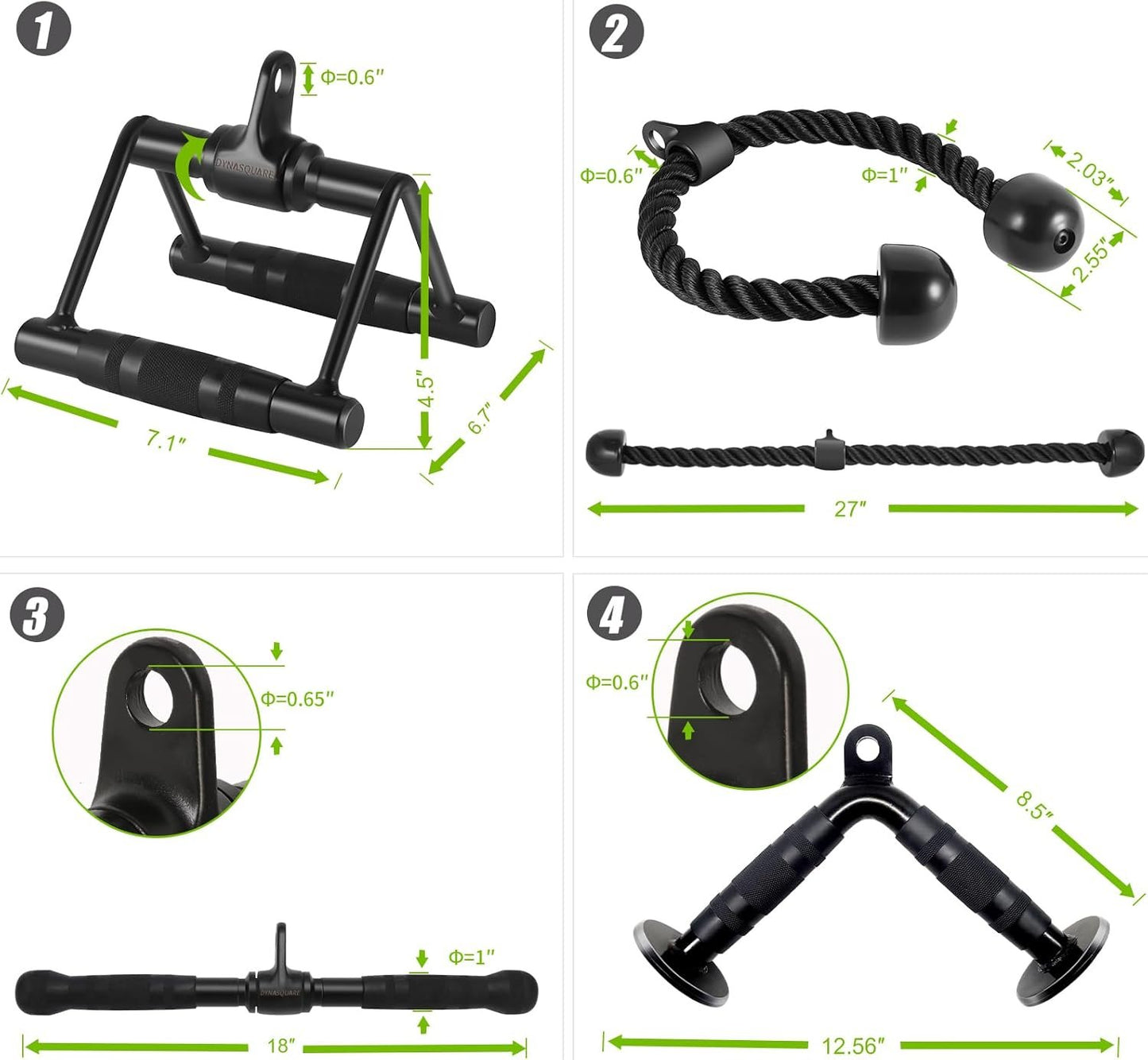 DYNASQUARE Cable Attachments for Home Gym, LAT Pulldown Attachment, Weight Machine Accessories, Straight Pull Down Equipment, V-Shaped Press Down Bar, Tricep Rope, Exercise & Double D Handle