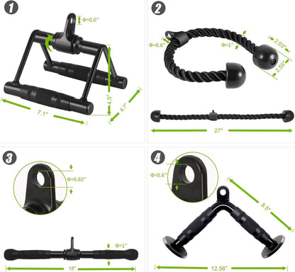 DYNASQUARE Cable Attachments for Home Gym, LAT Pulldown Attachment, Weight Machine Accessories, Straight Pull Down Equipment, V-Shaped Press Down Bar, Tricep Rope, Exercise & Double D Handle
