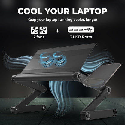 WorkEZ Cooling Adjustable Laptop Stand for Desk w/Fan USB Ports Mouse Pad Ergonomic Foldable Laptop Riser Portable Computer Stand Laptop Holder, Black