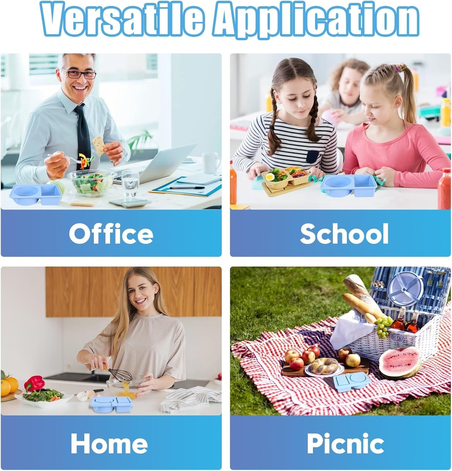 Fidqiog Reusable Silicone Snack Containers with Lids 2-Pack, Double Compartment Leak-Proof Food Storage for Snacks, Sauces, Condiments