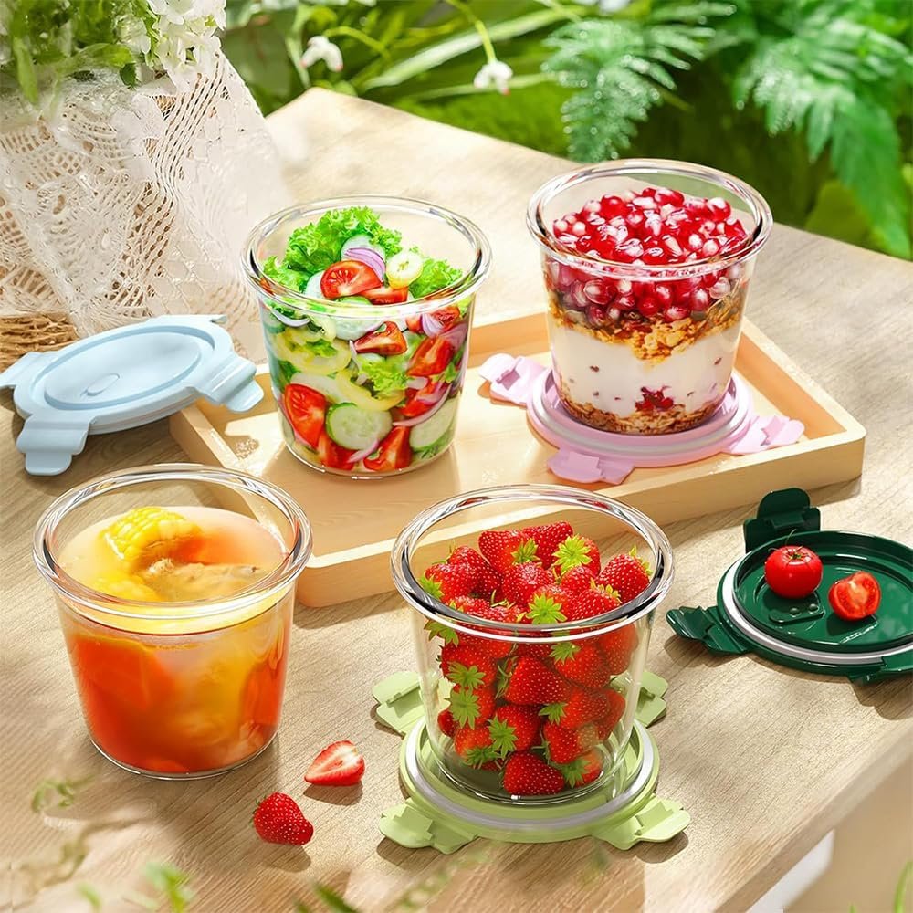 4 Pack Glass Meal Prep Containers with Airtight Lids, Leak-proof Soup Stew Food Storage & Meal Prep Container, Reusable Glass Soup Containers Overnight Oats Containers for Leftover, Soup, Fruit