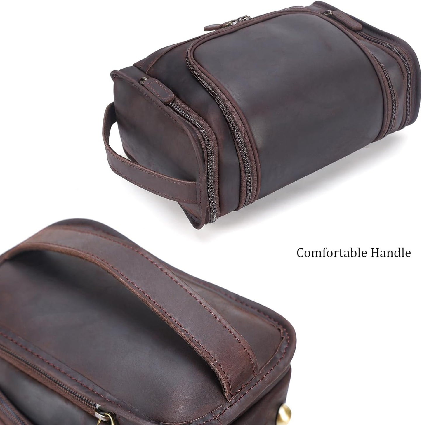 Polare Full Grain Leather Toiletry Bag Travel Dopp Kit Makeup Cosmetic Organizer Shaving Kit Wash Case with Hanging