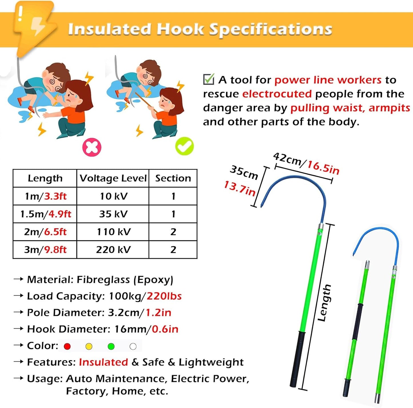 Rescue Hook Stick Electrical Safety Commercial High Voltage Insulated Rescue Hook, Anti-Electrocution Fire Electrical Safety Pole Tool Life-Saving Rod with Non-Slip Handle, for Power Station/Factory E