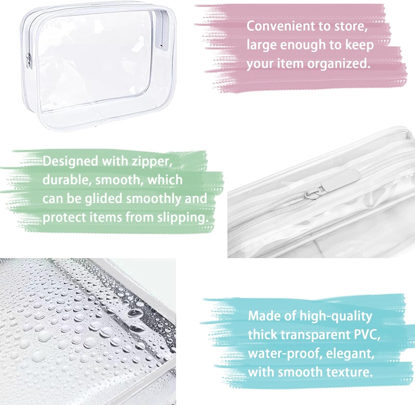 Jotia 3Pcs Clear Toiletry Bags, Clear Cosmetic Makeup Bag with Zippers, TSA Approved Travel Bag Clear Zippered Toiletry Carry Pouch Clear PVC Bags Portable Travel Luggage Pouch (White, S, M, L)
