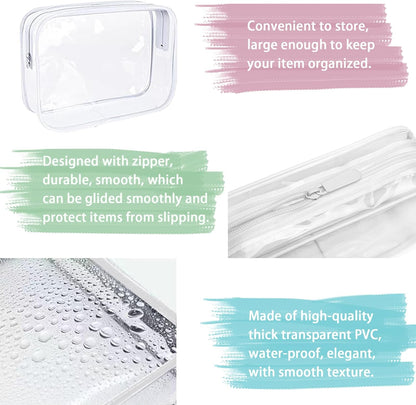 Jotia 3Pcs Clear Toiletry Bags, Clear Cosmetic Makeup Bag with Zippers, TSA Approved Travel Bag Clear Zippered Toiletry Carry Pouch Clear PVC Bags Portable Travel Luggage Pouch (White, S, M, L)