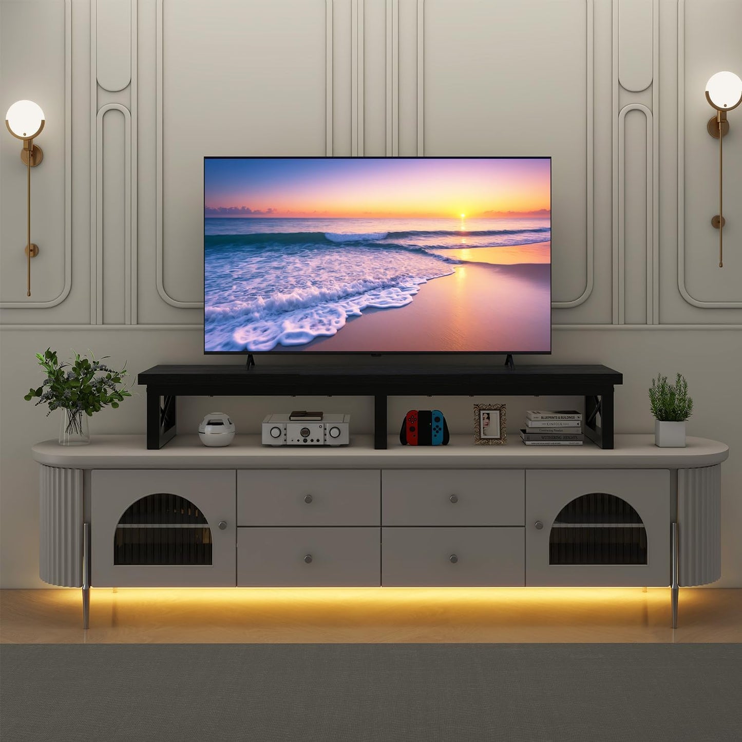IBUYKE TVT002B 32-60 Inch TV Stand, Low Cabinet for 2 Tiers, Office Desk with Double Screen, TV Cabinet for Living Room and Bedroom, Black