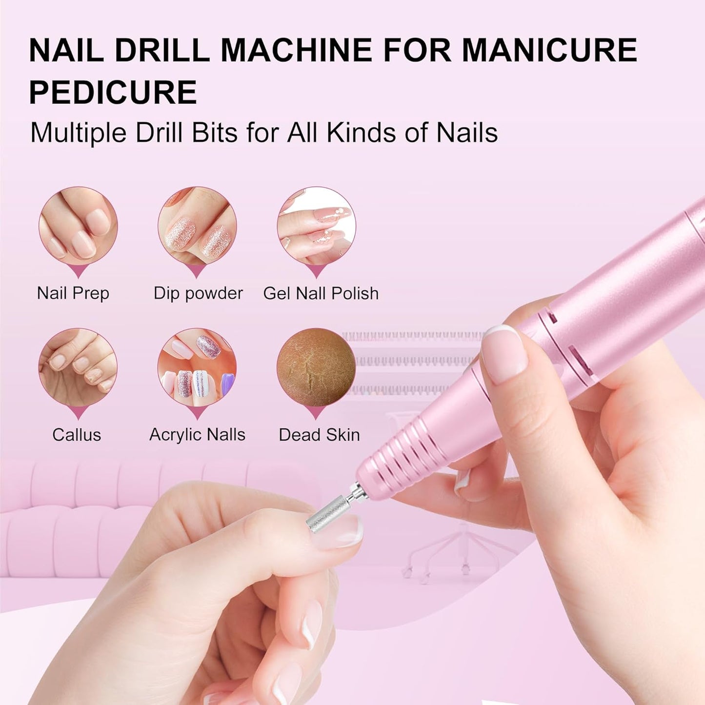 Professional Electric Nail Drill File:COSYGLOW Glitter Portable Cordless E-File Nail Drill Kit with 11 Drill Bits,30000 RPM Rechargeable Nail Drills Machine for Acrylic Nails Gel Polishing(Pink)