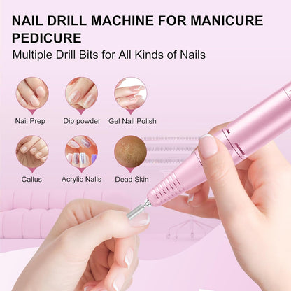 Professional Electric Nail Drill File:COSYGLOW Glitter Portable Cordless E-File Nail Drill Kit with 11 Drill Bits,30000 RPM Rechargeable Nail Drills Machine for Acrylic Nails Gel Polishing(Pink)