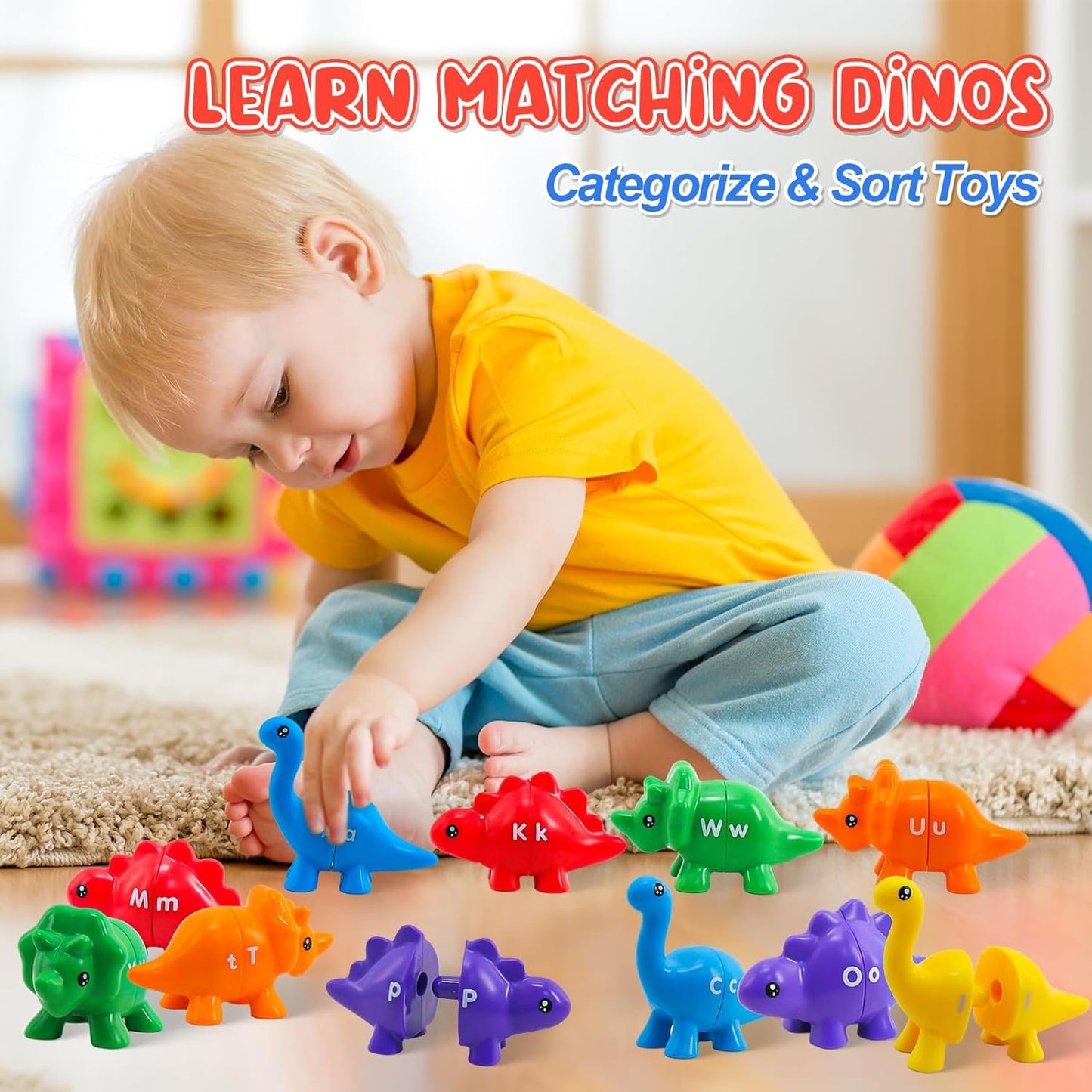Montessori Learning Toys for Toddlers 1-3, Matching Letters Fine Motor Toy, Double-Sided 26 PCS ABC Dinosaur Alphabet Games for Kids Ages 3-5, Alphabet Learning Dinosaur Set for Kindergarten