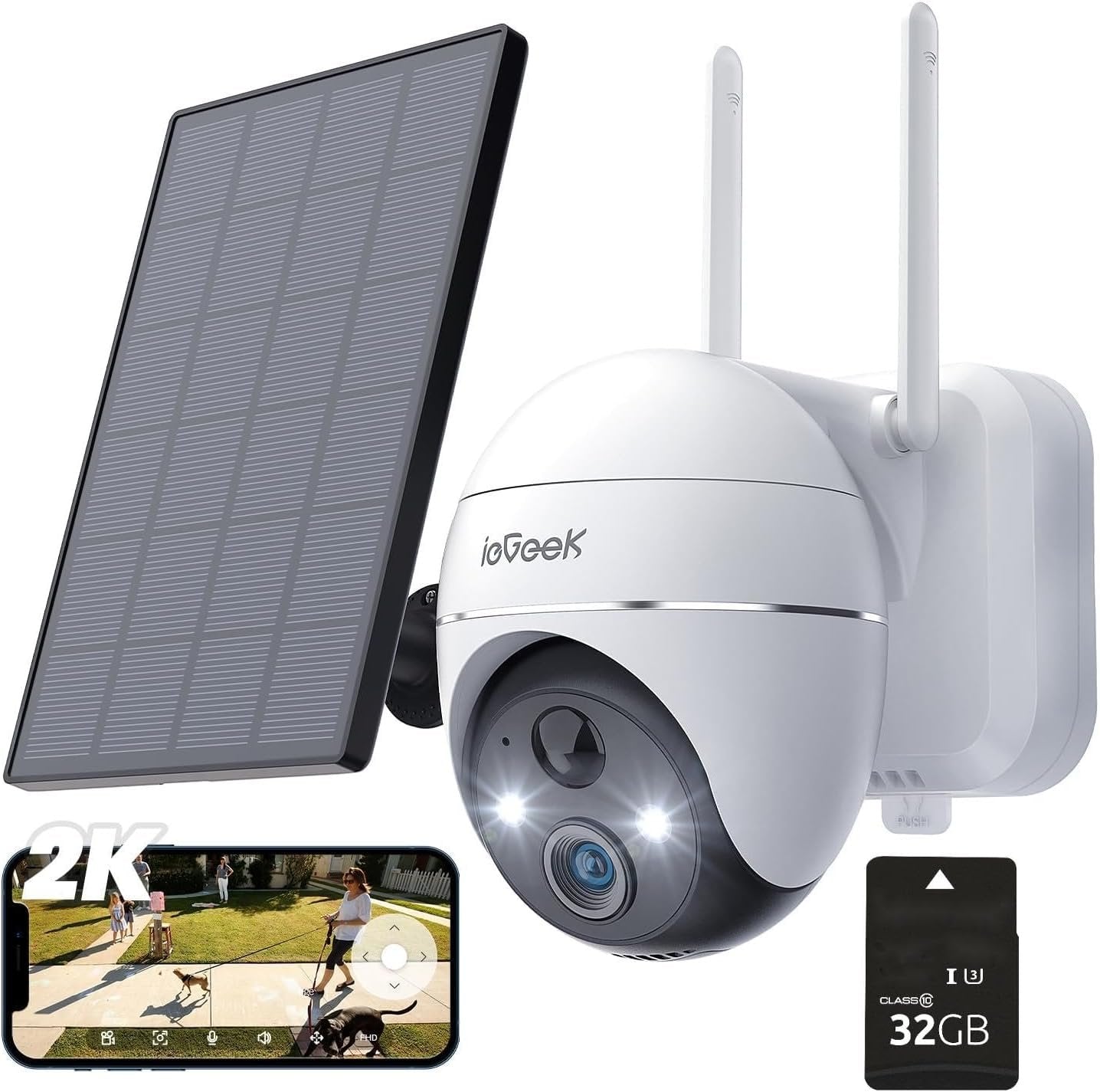 ieGeek Security Cameras Wireless Outdoor, 2K Solar Security Camera 360Â° PTZ with Spotlight & Siren, 2.4Ghz Outdoor Security Cameras, Color Night Vision, Compatible with Alexa, PIR, 2-Way Talk, White