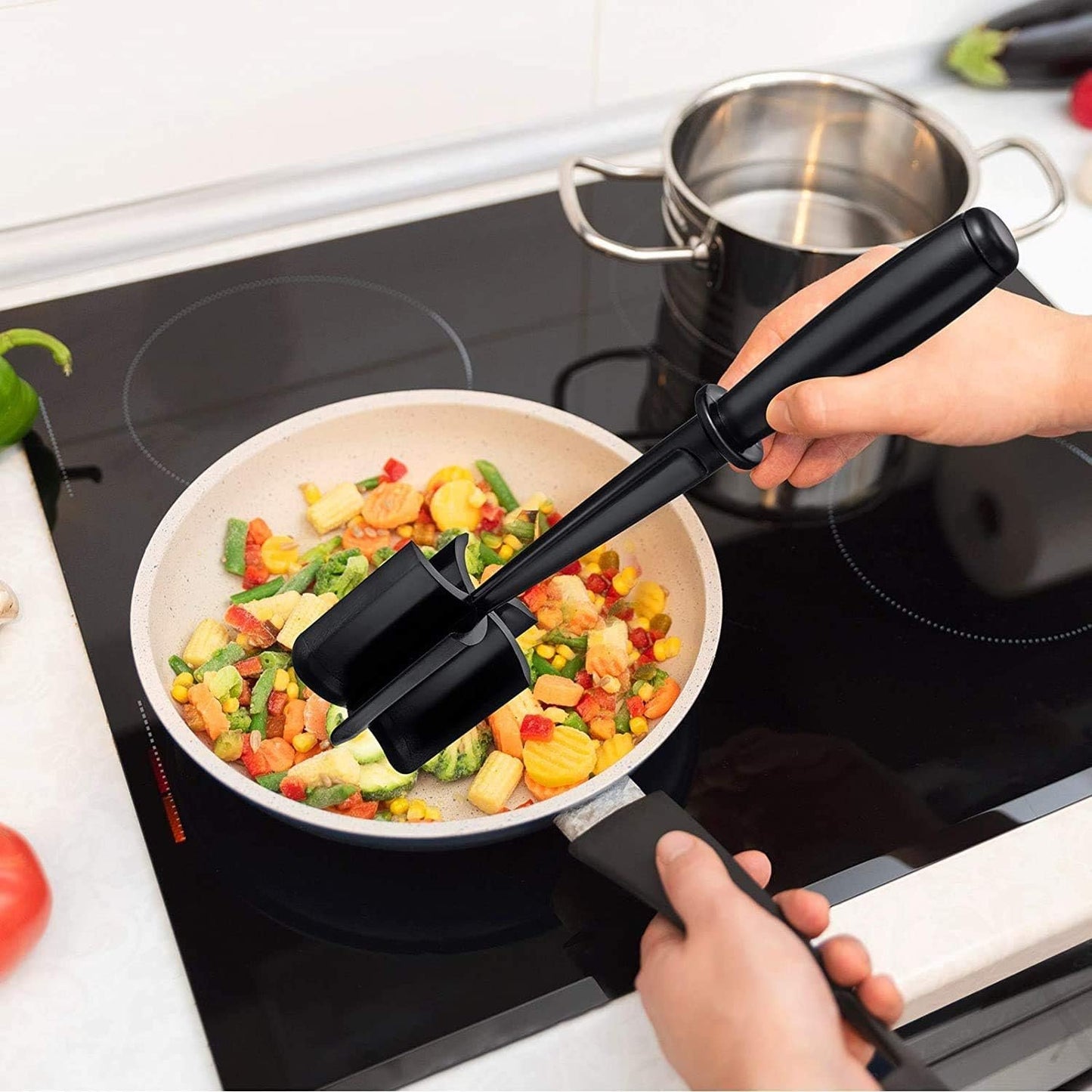 Hamburger Meat Chopper, VAVOLO High-Temp Heat-Resistant Ground Meat Masher, Versatile Nylon Non-Stick Ground Beef Masher with 5-Blade Head, Kitchen Gadgets, Dishwasher Safe(Black)
