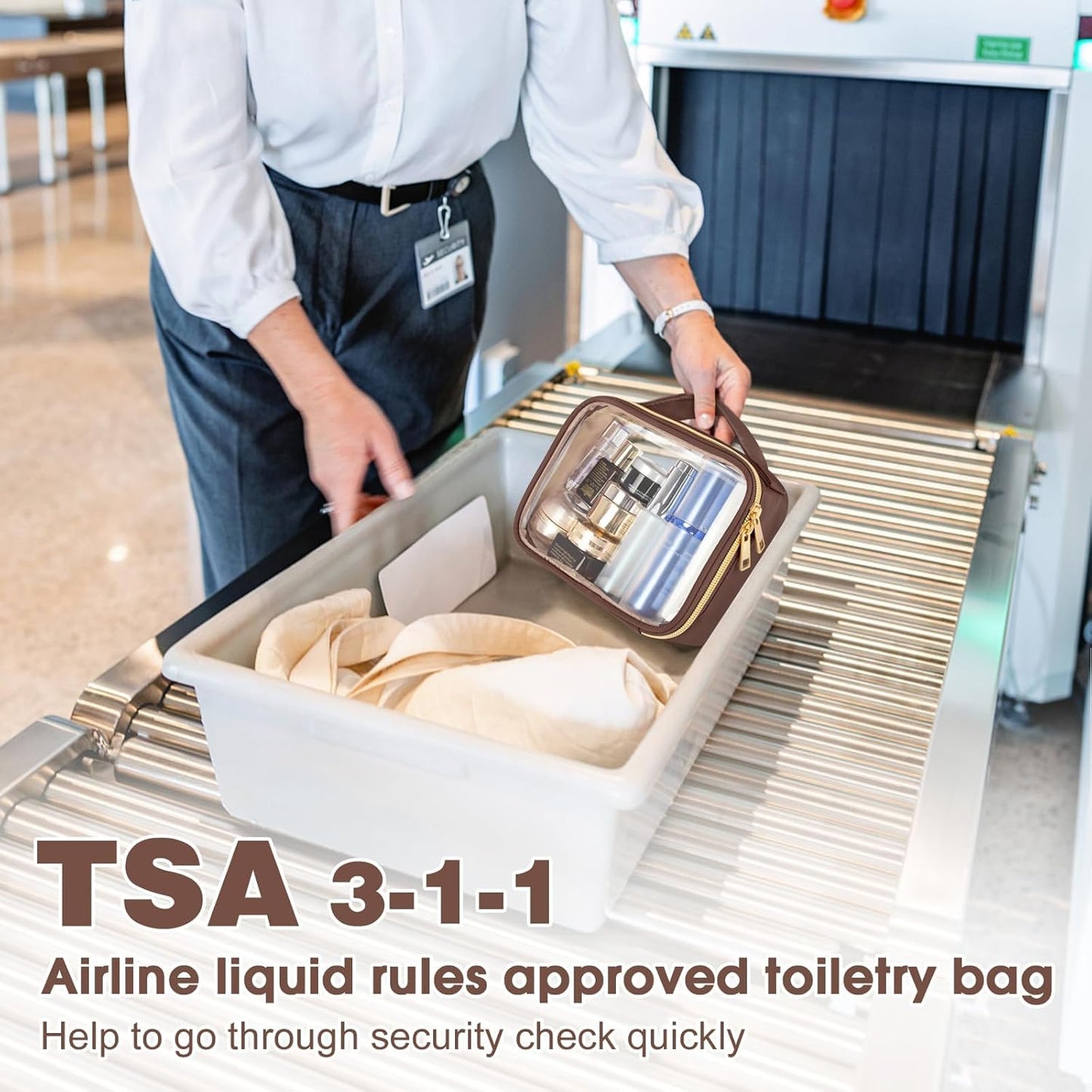 TSA Approved Toiletry Bag, Clear Makeup Bags with Handles, Quart Size PVC Clear Cosmetic Bags for Women and Men, Carry on Airport Airline Compliant Bag, Brown