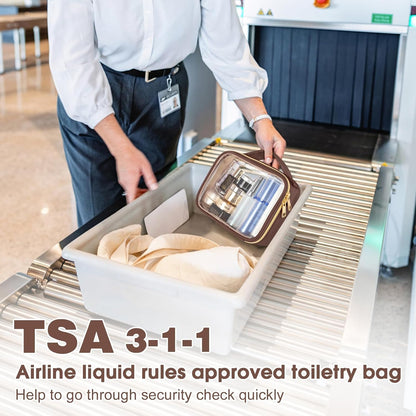TSA Approved Toiletry Bag, Clear Makeup Bags with Handles, Quart Size PVC Clear Cosmetic Bags for Women and Men, Carry on Airport Airline Compliant Bag, Brown