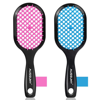 Vented Detangling Hair Brush - 2 Pack Detangler Hairbrush for Effortless Tangle Removal - Ultra-Soft Bristles -For Natural Curly Straight Wet Dry Damaged Hair for Women Men Kids - Blue & Pink