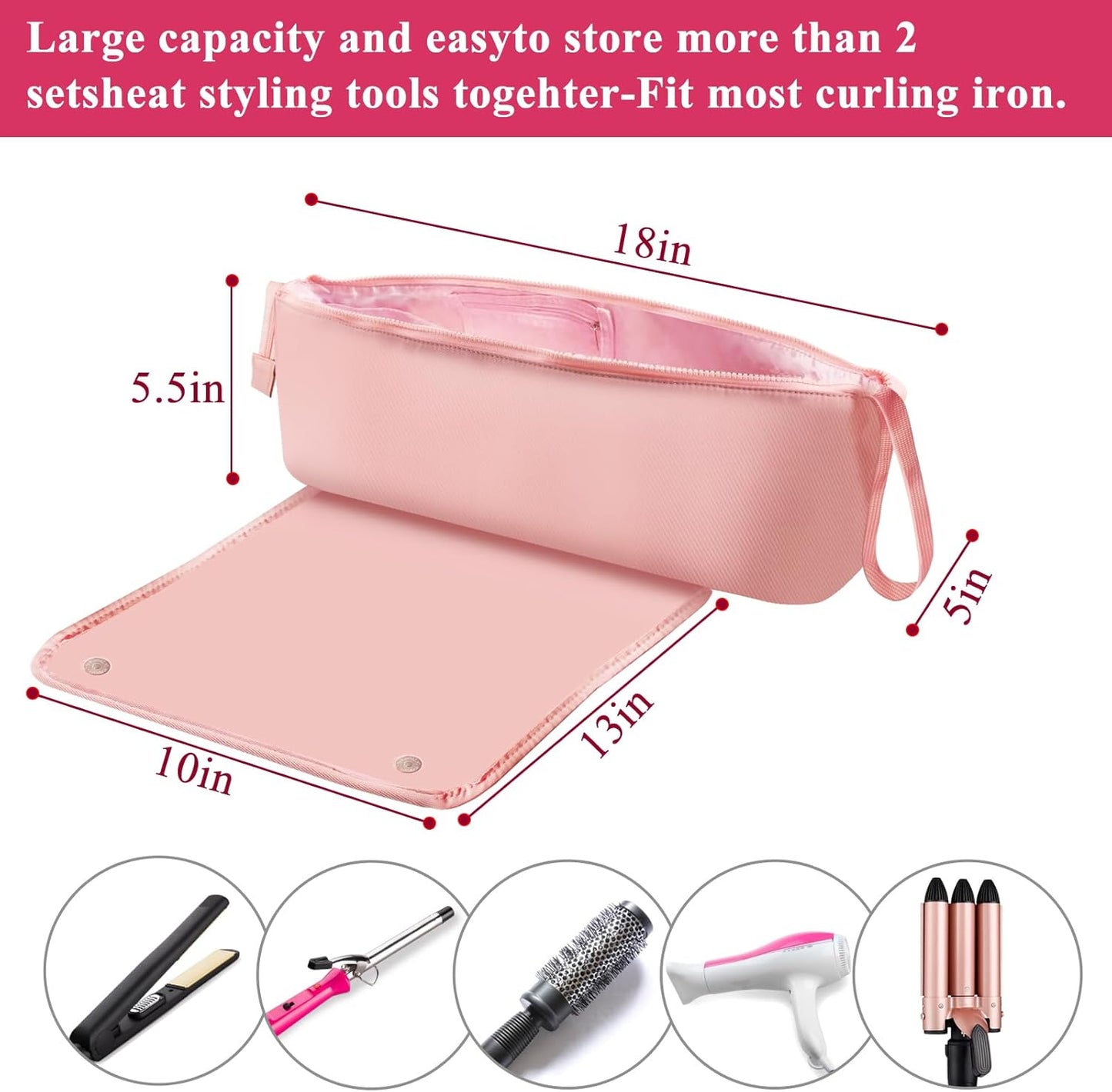 Hair Tools Travel Bag with Heat Resistant Mat, Neoprene Portable Organizer for Flat Irons, Straighteners, Curling Irons, and Hair Care Accessories with Interior Pockets Great Travel Essentials
