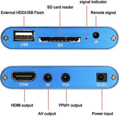 Mini HDMI-Compatible Media Player 1920x1080P Full HD Media USB Digital HDD Player SD/MMC Card with Remote Controller,Blue