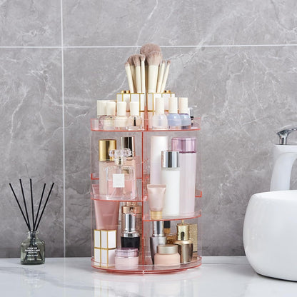 SUNFICON Rotating Makeup Holder Organizer Crystal Pink 360 Rotation Cosmetic Storage Stand Acrylic Makeup Turntable Spin Display Stand Bathroom Vanity Dressing Table Gift Girl Ladt Women
