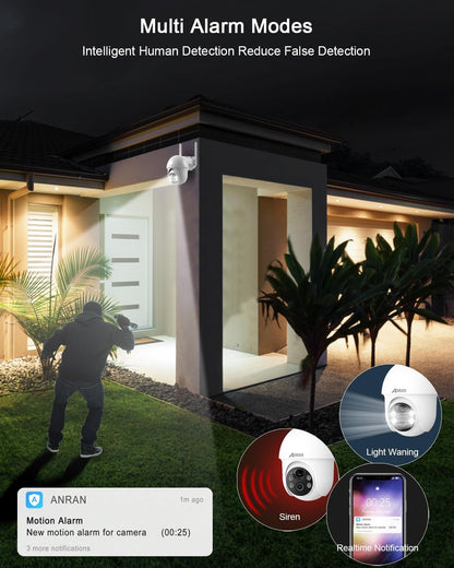 ANRAN 2K Security Camera Wireless Outdoor, Solar Outdoor Camera with 360° View, Smart Siren, Spotlights, Color Night Vision, PIR Human Detection, Pan Tilt Control, 2-Way Talk, Q01W 2 Packs