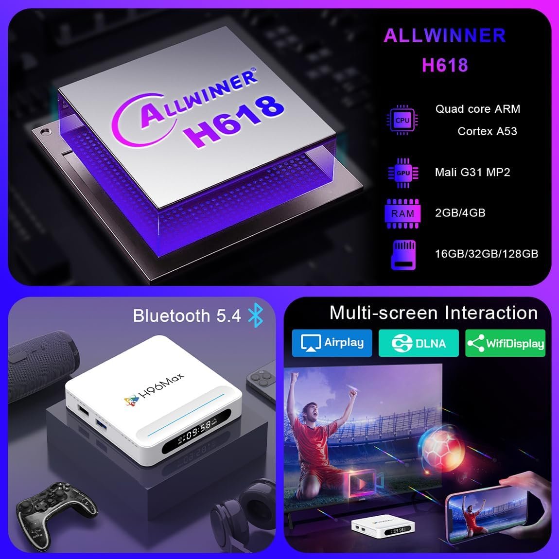 Android 14.0 TV Box, LEFFOT H618 Plus 4K UHD Streaming Device for TV, 4GB RAM + 32GB ROM, Smart TV Box with HDR10, Voice Control, 2.4G & 5G WiFi 6, 100M Ethernet, BT 5.4, Allwinner H618 Quad Core A53