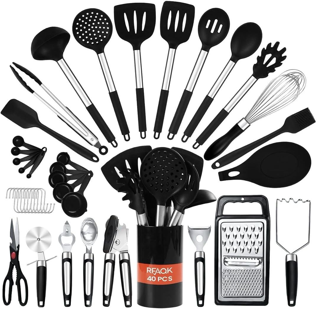 RFAQK Kitchen Utensils Set with Holder, 40PCs Silicone Cooking Utensils for Nonstick Cookware,Heat Resistant Kitchen Tools & Gadgets with Can Opener,Potato Peeler,Tongs, Spatulas, (40 Pcs Black)