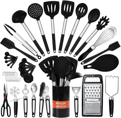 RFAQK Kitchen Utensils Set with Holder, 40PCs Silicone Cooking Utensils for Nonstick Cookware,Heat Resistant Kitchen Tools & Gadgets with Can Opener,Potato Peeler,Tongs, Spatulas, (40 Pcs Black)