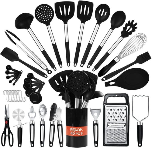 RFAQK Kitchen Utensils Set with Holder, 40PCs Silicone Cooking Utensils for Nonstick Cookware,Heat Resistant Kitchen Tools & Gadgets with Can Opener,Potato Peeler,Tongs, Spatulas, (40 Pcs Black)