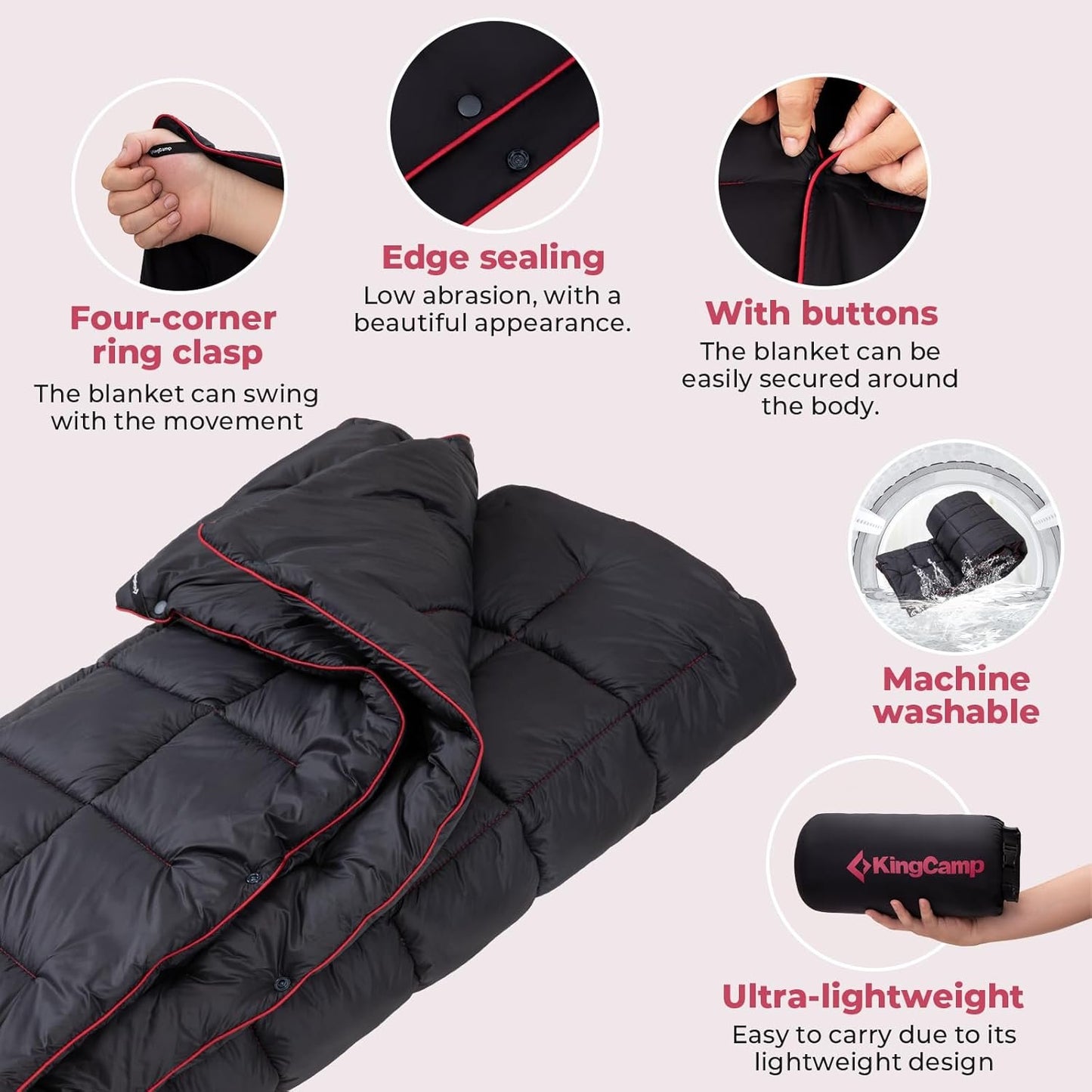 KingCamp Black Packable Lightweight Travel Down Alternative Warm Camping Blanket, Compact Outdoor Water Repellent Blanket for Airplane, Hiking, Backpacking, Stadium, Park