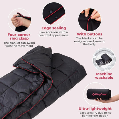 KingCamp Black Packable Lightweight Travel Down Alternative Warm Camping Blanket, Compact Outdoor Water Repellent Blanket for Airplane, Hiking, Backpacking, Stadium, Park