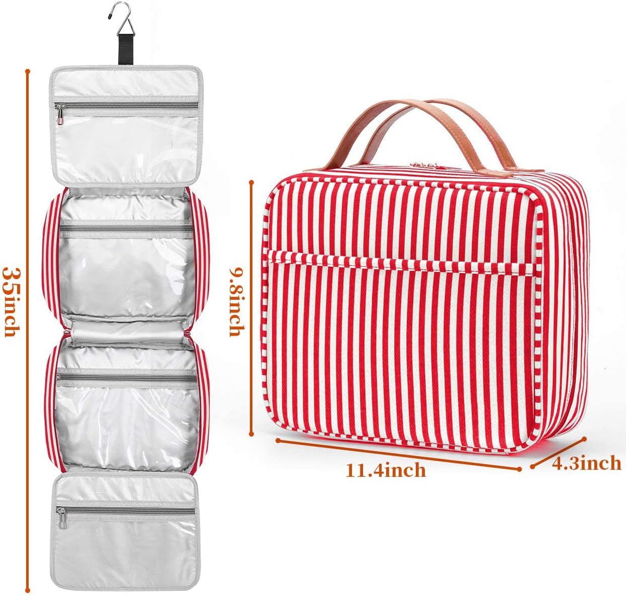 Hanging Travel Toiletry Bag, Large Capacity Cosmetic Waterproof Makeup Organiser for Women wit 4 Compartments 1 Sturdy Hook Travel Accessories Kit for Bathroom Shower（Red）