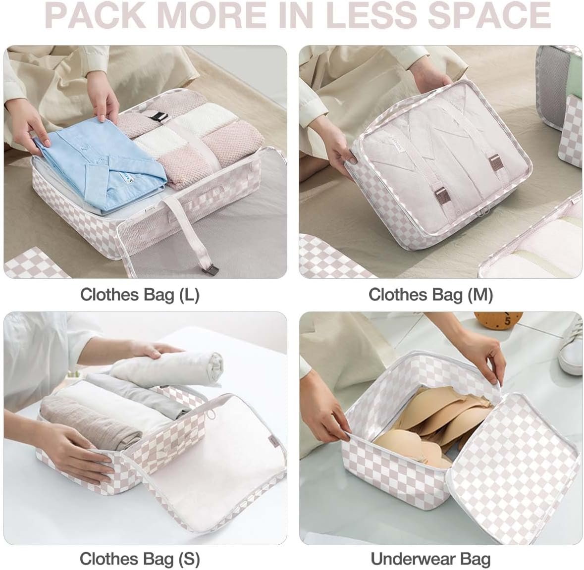 8 Set Packing Cubes for Suitcases, Packing Cubes with Shoe, Cosmetics, Clothing, Accessories Bags for Travel Luggage Organizer Women Men(Light Pink Checkered)