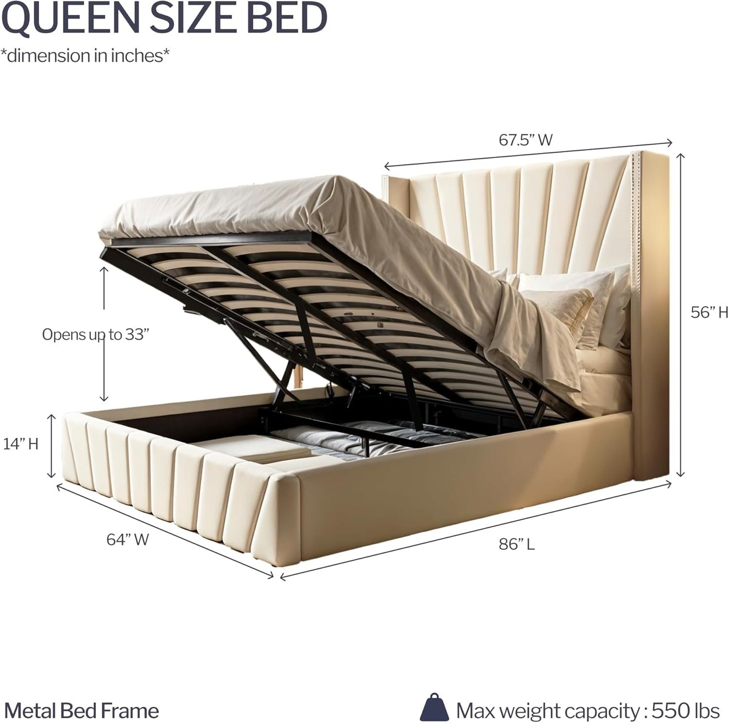 Aykah Fez Velvet Upholstered Queen Size Bed Frame with Storage, Modern Wingback Design Bed, Metal King Bed Frame with High Headboard, Wood Slat Support, Modern Design (Beige, Queen Bed)
