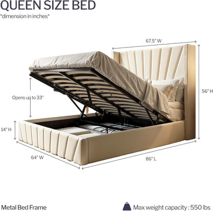 Aykah Fez Velvet Upholstered Queen Size Bed Frame with Storage, Modern Wingback Design Bed, Metal King Bed Frame with High Headboard, Wood Slat Support, Modern Design (Beige, Queen Bed)