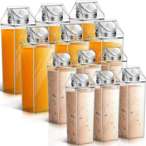 12 Pack Milk Carton Water Bottle 17 Oz and 34 Oz Clear Transparent Drinking Cup Reusable Square Portable Water Bottle for Drinks for Fitness Gym Sports