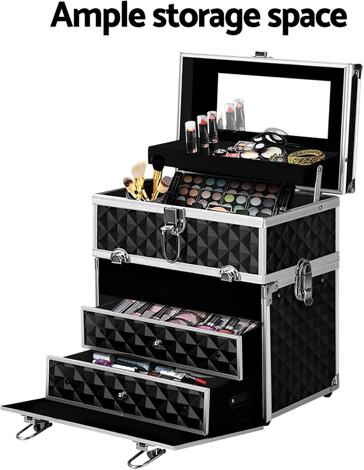Embellir Makeup Case, Aluminium Beauty Cases Suitcase Make Up Large Organisers Storage Portable Toiletry Cosmetic Box Travel Indoor Outdoor Accessories, with 2 Sliding Trays Level Section Black