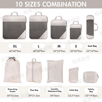 MUUKAIII Suitcase Organizer Set of 10 Cubes for Travel, Compression Organizer Suitcase, Space-Saving Suitcase, Travel Organizers, Packing Cubes Set, Travel Organizer for Clothes, Ultralight, Beige
