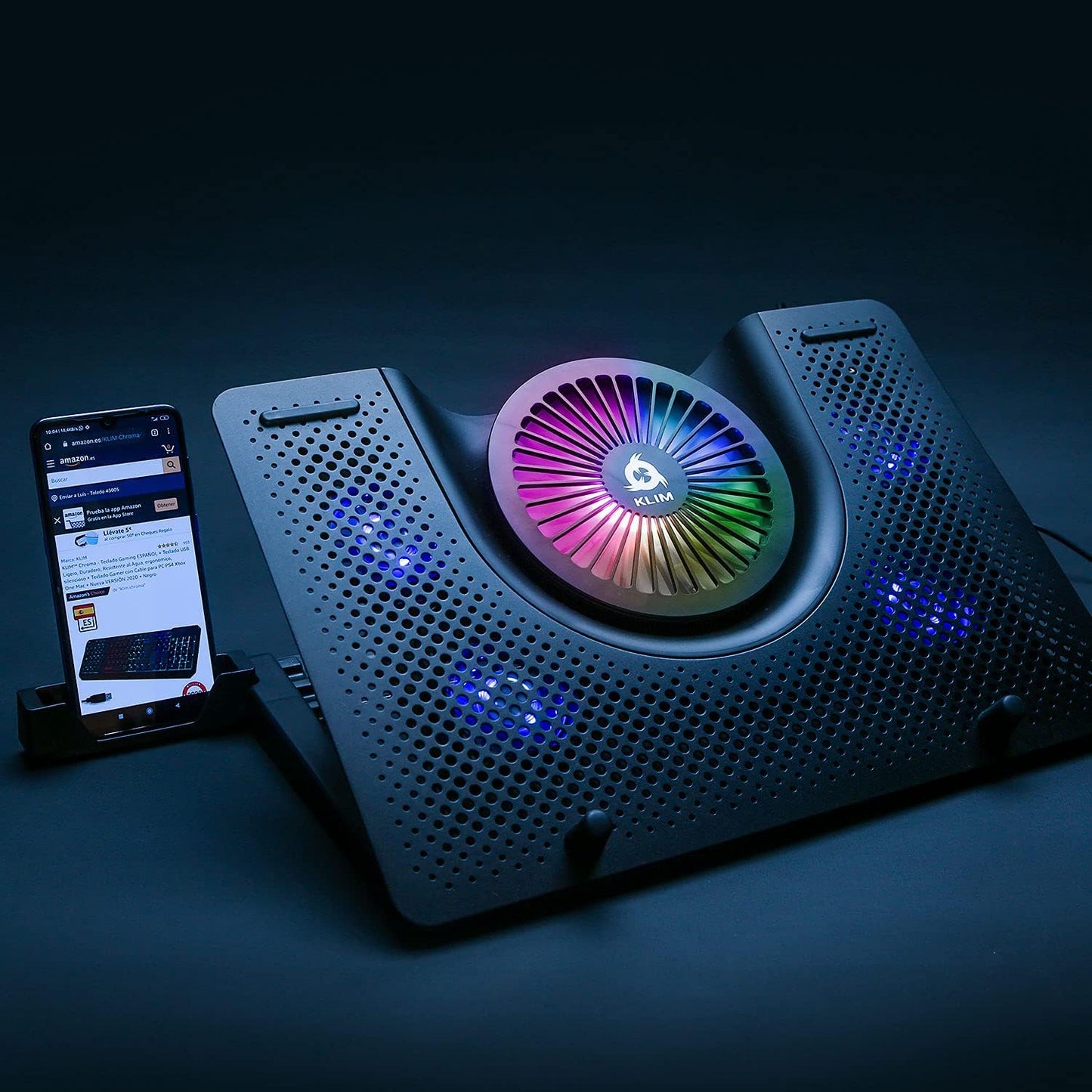 KLIM Nova RGB Cooling Pad - Gaming Laptop Cooler With Phone Holder - Quiet Stand With Fan - Compatible up to 17" - Ventilador para Laptop - 5-Year Assurance - Mac PS5 PS4 Xbox One