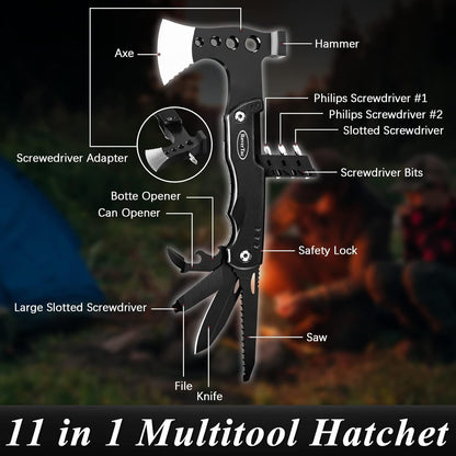 RoverTac Multi Tool Camping Axe Hatchet 11-in-1 Multitool Camping Gear Survival Tool with Axe Knife Hammer Saw Bottle Can Opener Screwdrivers Nylon Sheath Gifts for Men Perfect Camping Hiking Survival