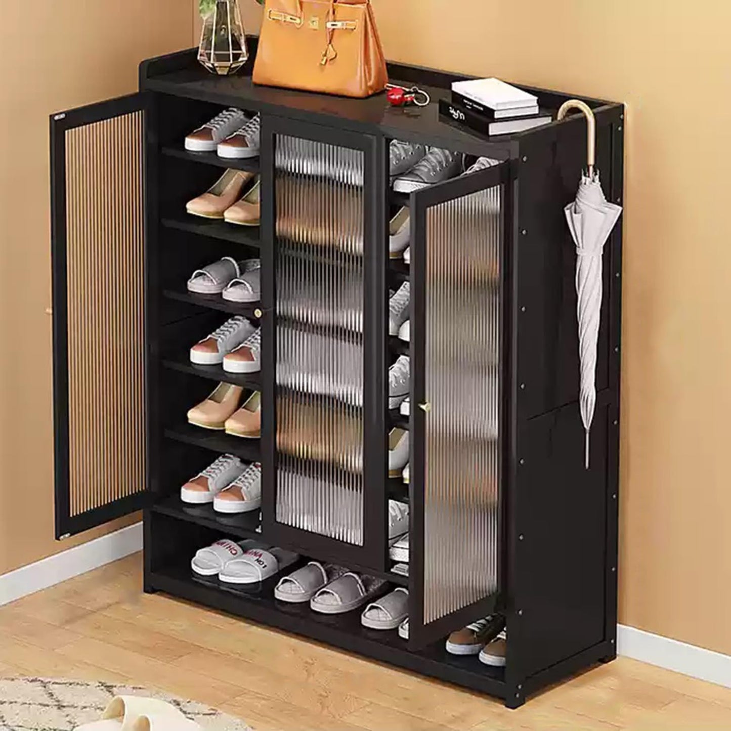 Generico Scarpiera Sottile in Rattan per l'ingresso | Organizzatore in Legno Nero con 3 Ante | Elegante Mobile per Camera da Letto | Design salvaspazio (88×32×95 cm)