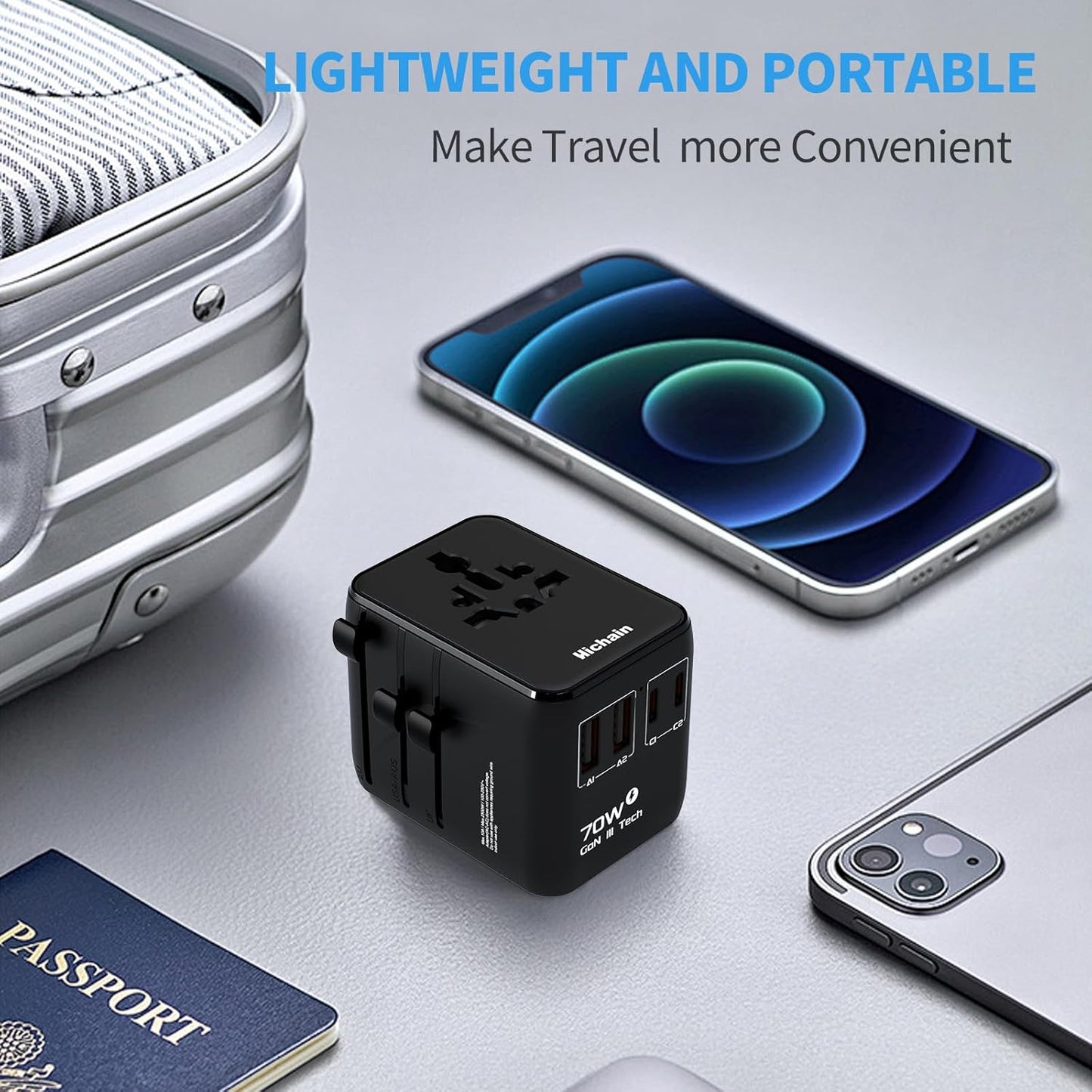 Hichain Universal Travel Adapter 70W PD Fast Charging Travel Adapter 2 USB-A Ports 2 USB-C Ports International Travel Plug All-in-one Wall Adapter for USA EU UK AUS