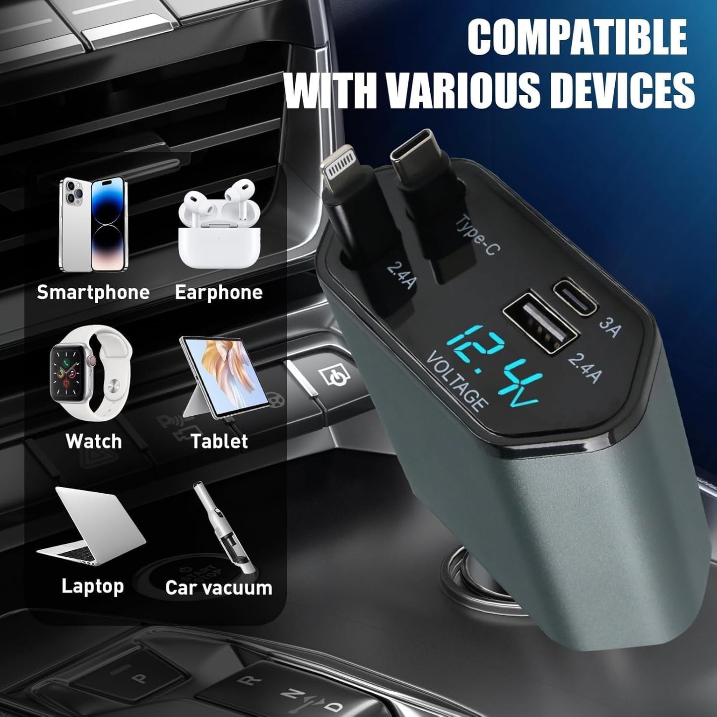 66W 4 in 1 Retractable Car Charger 12/24 V Adapter with Cables 60 cm for iPhone USB C, Cigarette Lighter Fast Charging for iPhone, Galaxy, Pixel, Huawei