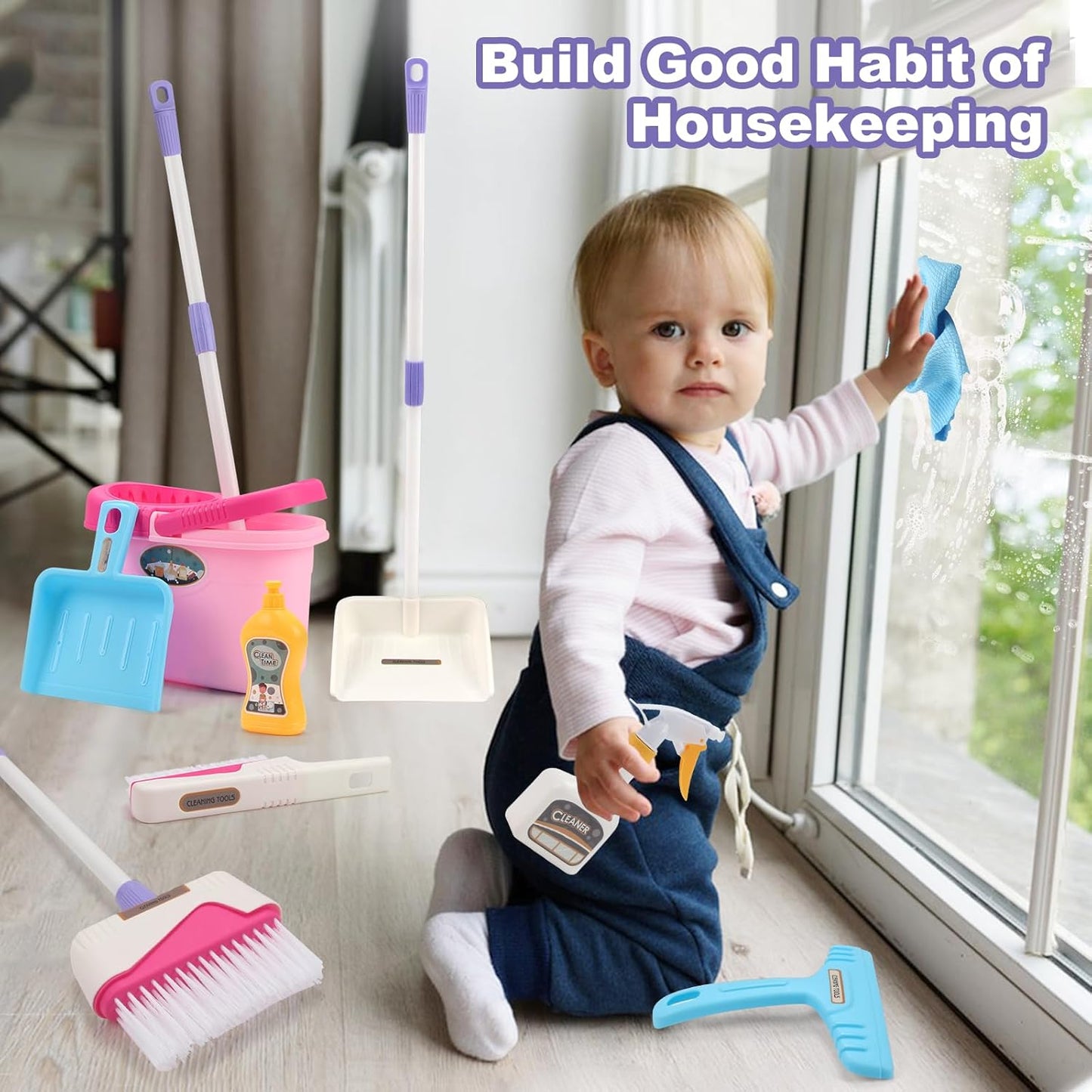 Coolplay Kids Cleaning Set for Toddlers Pretend Play Broom Set, 12pcs Mop and Cleaning Toys Set Pretend Playset Detachable Broom Mop Dustpan Pink Toy for Girls
