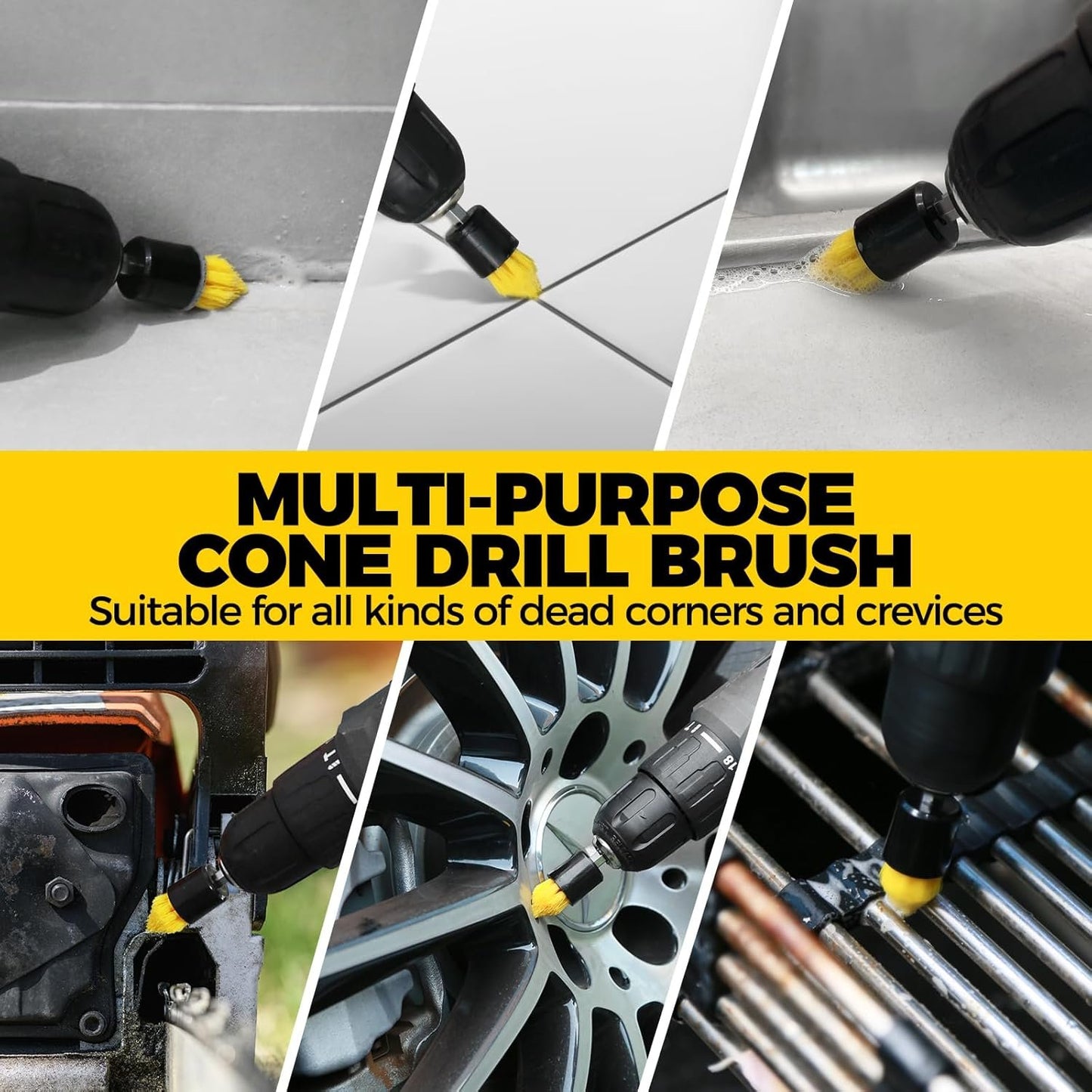 Holikme 10Pieces Drill Brush Attachments Set, Power Scrubber Brush with Extend Long Attachment，Scrub Brush，Shower Scrubber，Cleaning Supplies,Yellow
