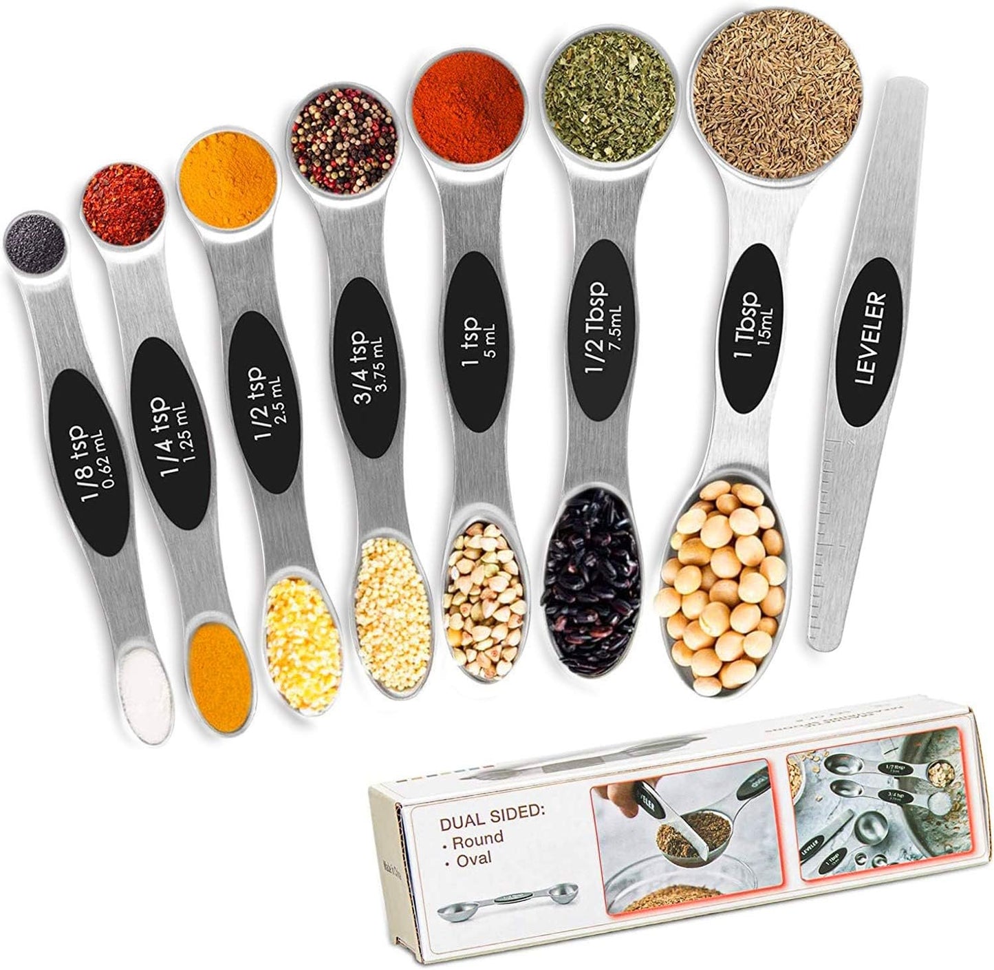 DILISS Magnetic Measuring Spoons Set, Dual Sided, Stainless Steel, Fits in Spice Jars, Set of 8 for Measuring Dry and Liquid Ingredients (Black)