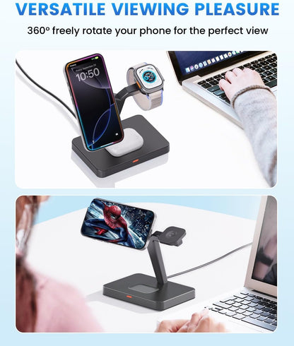 GEEKERA Magnetic 3 in 1 Wireless Charging Station, Fast Wireless Charger Stand Dock, Wireless Charger for iPhone 16/15/14/13/12 Pro Max, Apple Watch 9/8/7/6/SE/5/4/3/2, AirPods 3/2/Pro