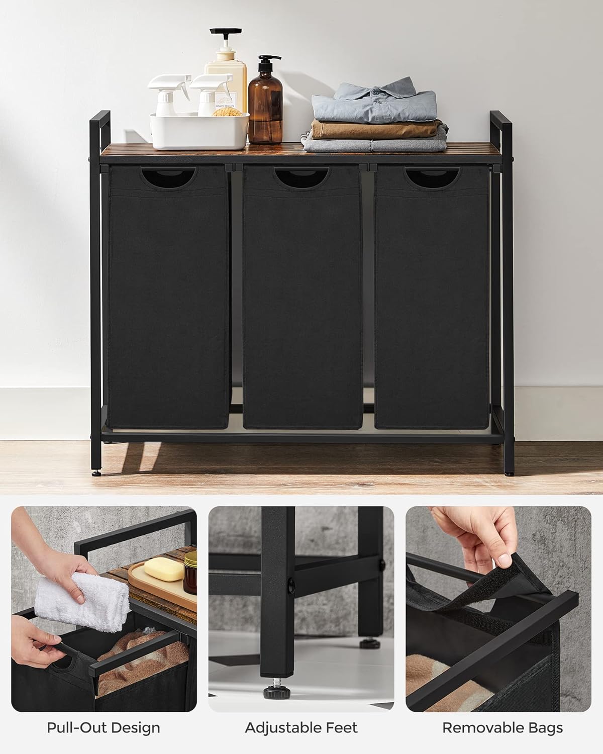VASAGLE Laundry Hamper, Laundry Basket, Laundry Sorter with 3 Pull-Out and Removable Bags, Shelf, Metal Frame, 3 x 10 Gallons (38L), 36.4 x 13 x 28.4 Inches, Rustic Brown and Black UBLH301B01