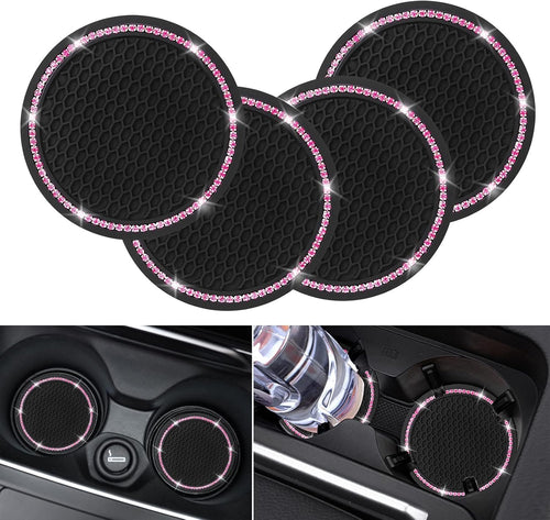 4 Pack Car Coasters, Universal Vehicle Bling Car Coaster, Crystal Rhinestone Coaster for Cup Holders,Interior Accessories 2.75'' Silicone Anti Slip Car Coasters for Women (Pink Crystal Circle)