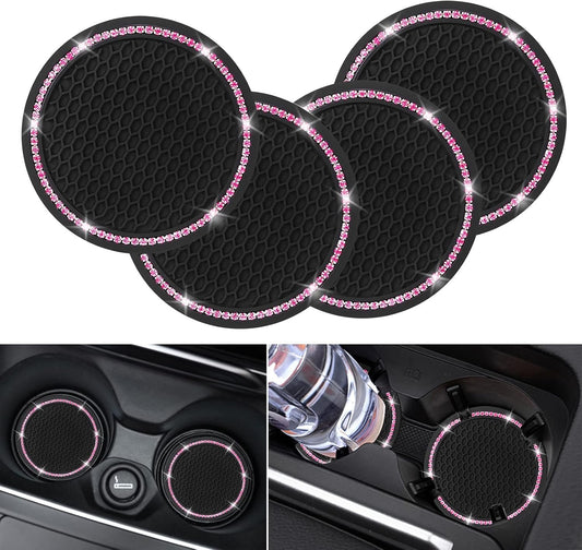 4 Pack Car Coasters, Universal Vehicle Bling Car Coaster, Crystal Rhinestone Coaster for Cup Holders,Interior Accessories 2.75'' Silicone Anti Slip Car Coasters for Women (Pink Crystal Circle)