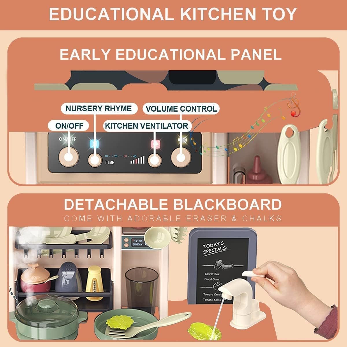 PanKome Kitchen Toy for Kid, Kitchen Playset Pretend Food - Toy Accessories Set w/ Real Sounds & Light, Play Sink, Cooking Stove with Steam, 44 PCS Kitchen Toys for Toddlers Kids, Girls & Boys (Orange)