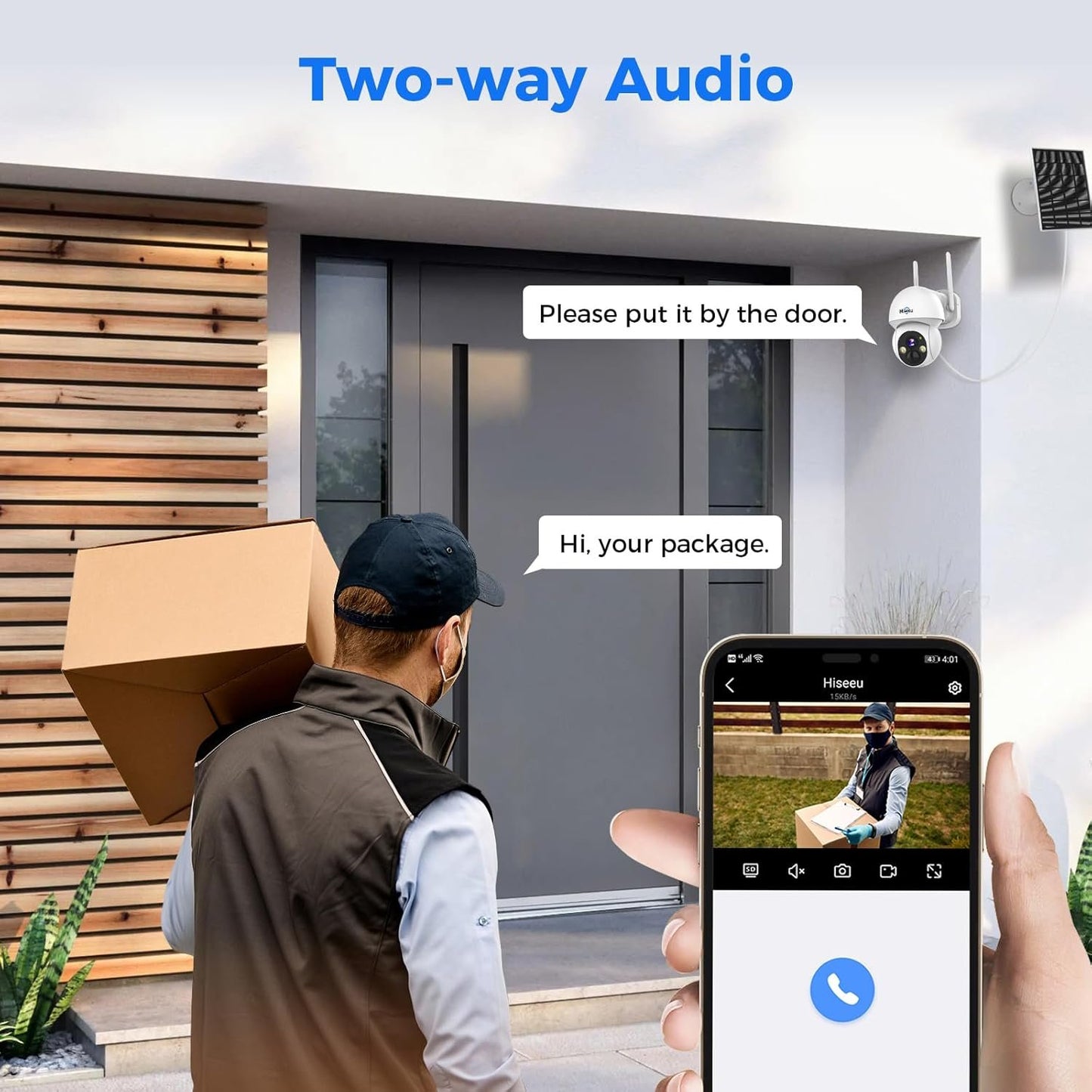 Hiseeu Solar Security Camera, 2PCS 4MP Wireless WiFi Camera Outdoor, PTZ 360° View, PIR Motion Detection, Color Night Vision, IP66, 2-Way Audio, 2.4G WiFi, No Monthly Fee