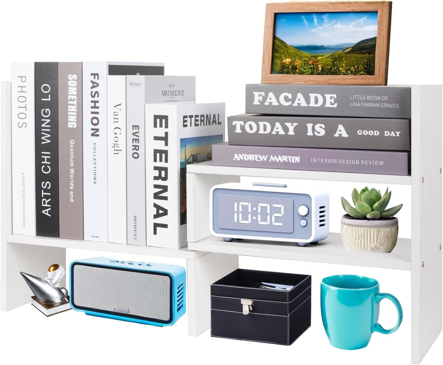 Wood Desktop Organizer, Adjustable Display Shelf Rack for Home Office Desktop Storage Supplies Organization (White)